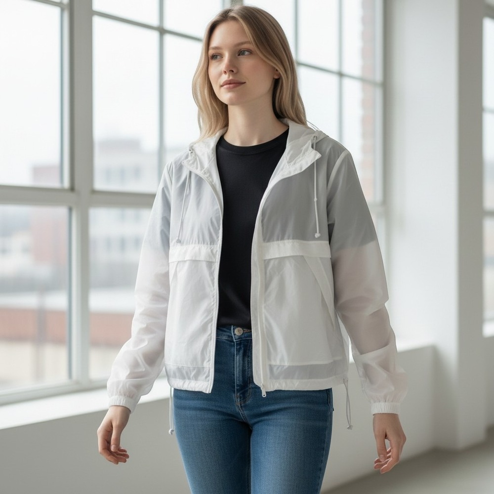 Earth Republic White Half Zip Hooded Windbreaker Jacket Cropped PZ023 Womens‎ M